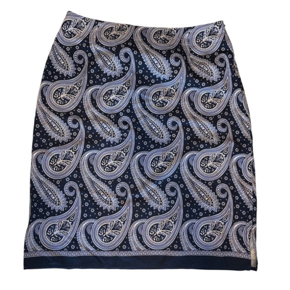 Liz Claiborne Navy Blue Paisley Cotton Pencil Skirt Size 12 Knee Length Slit